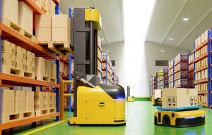 AGV robotic warehouse platform moving boxes.