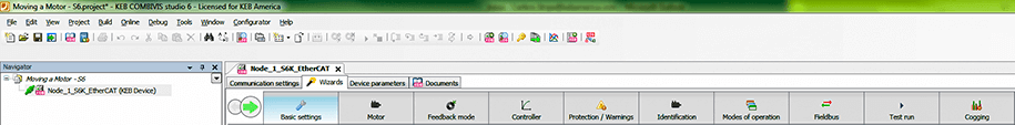 screenshot of Startup wizard buttons below the menu buttons on KEB's COMBIVIS 6 software