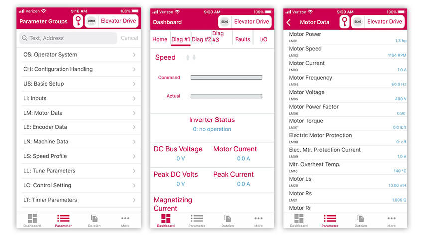 Screenshot of the KEB Elevator App diagnostic screens and drive status