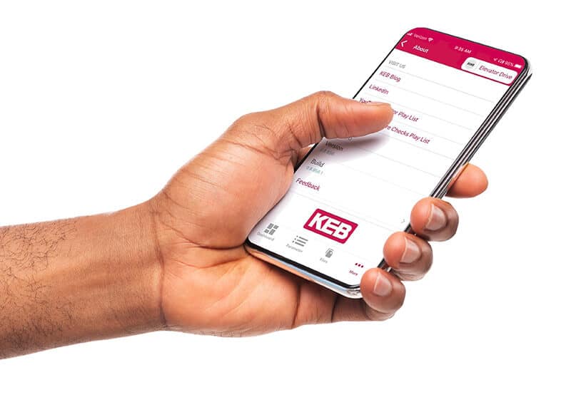 A hand holding a Mobile Phone with KEB Elevator App