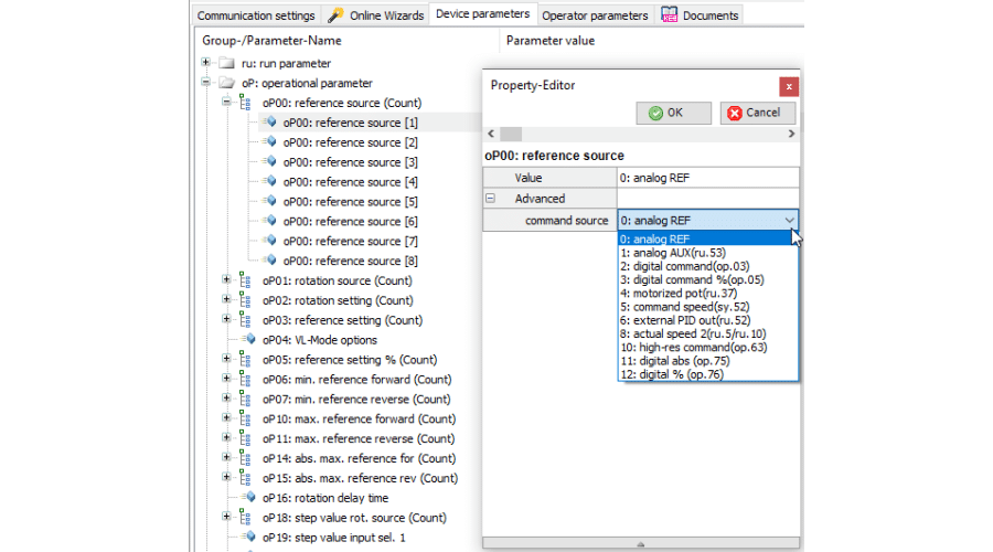Screenshot of setting parameters in the Device Parameters tab