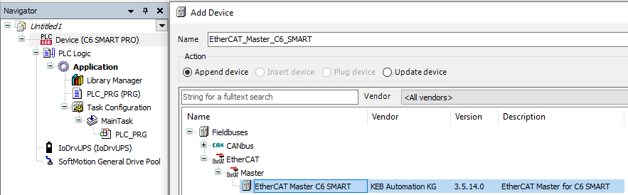 In the Navigator screen, select Add Device, then locate the EtherCAT Master.