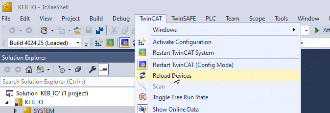 Screenshot showing how to select TwinCAT to Reload Devices