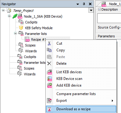 Combivis 6 software showing how to download parameters as a recipe to a KEB device