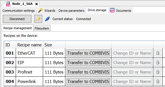 screenshot of KEB Combivis 6 software parameter recipes on an S6 drive