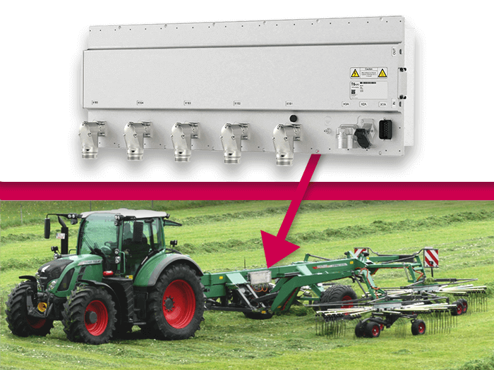 farming tractor implement with a T6 Auxiliary Inverter mounted on the chassis to demonstrate flexible mounting options