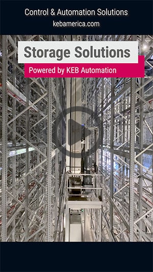 Video still of an Automated storage and retrieval system AS/RS in KEB's high-bay warehouse in Germany