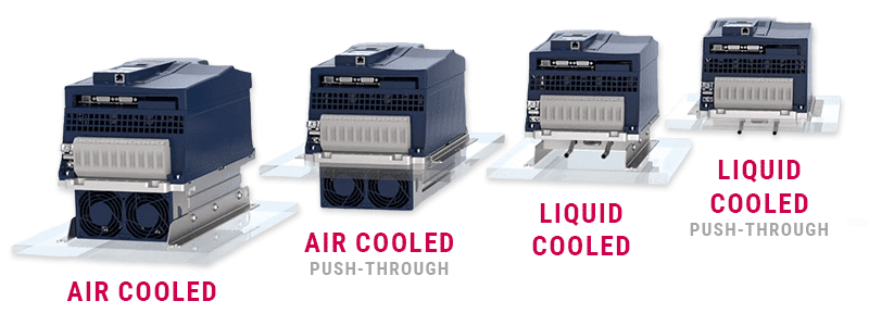side-by-side comparison of various air cooling and liquid cooled VFDs