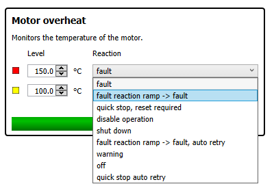 KEB software screenshot of COMBIVIS 6 software fault reaction ramp - motor temperature monitor feature