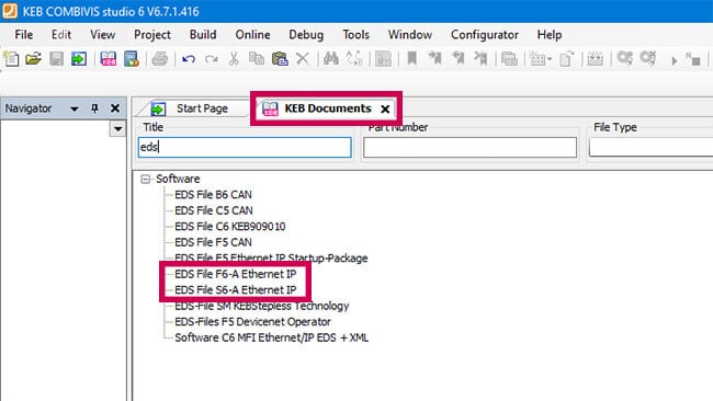 Screenshot of the KEB Document Database to download EDS files for the F6 and S6 drives