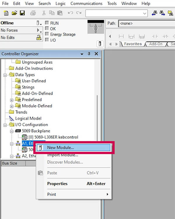 Tutorial image shows clicking on the A1 New Module option in Logix 5000 software