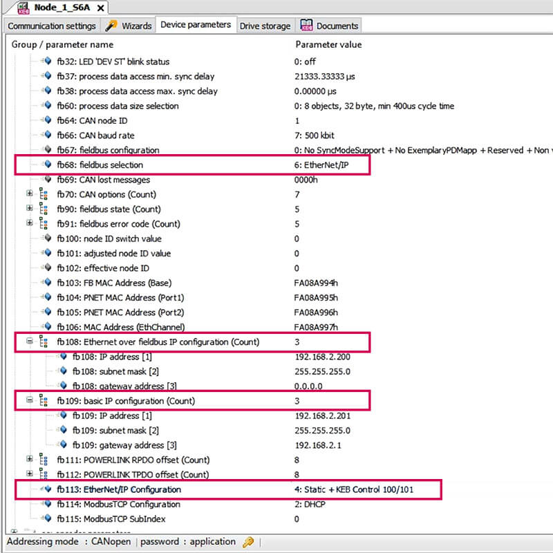 Parameter list from COMBIVIS 6 software showing how to setup EtherNet/IP protocol communication with Rockwell PLC